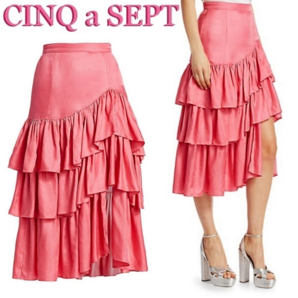 NWT Cinq a Sept Rowan Tiered Satin Ruffle Silky Midi Skirt in Primrose Pink 2